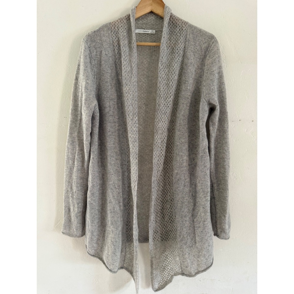 Subtle Luxury Womens‎ 100% Cashmere Open Front Cardigan Grey Pointelle S/M